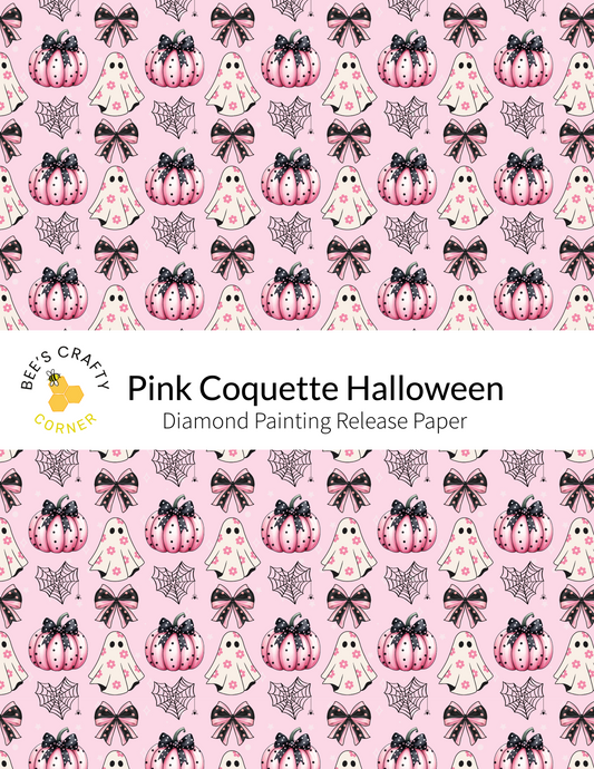 The image is a repeating pattern of pink pumpkins, ghostly figures, and bows on a pink background.