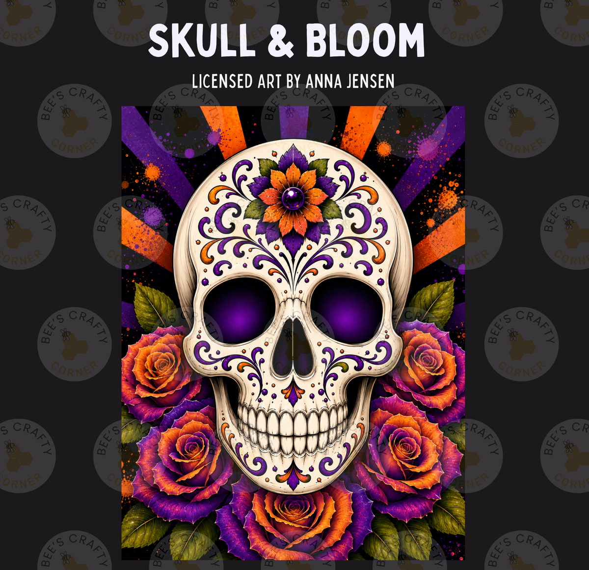The image is a vibrant and colorful illustration of a skull adorned with intricate floral designs and surrounded by a bouquet of roses in shades of purple, orange, and red.