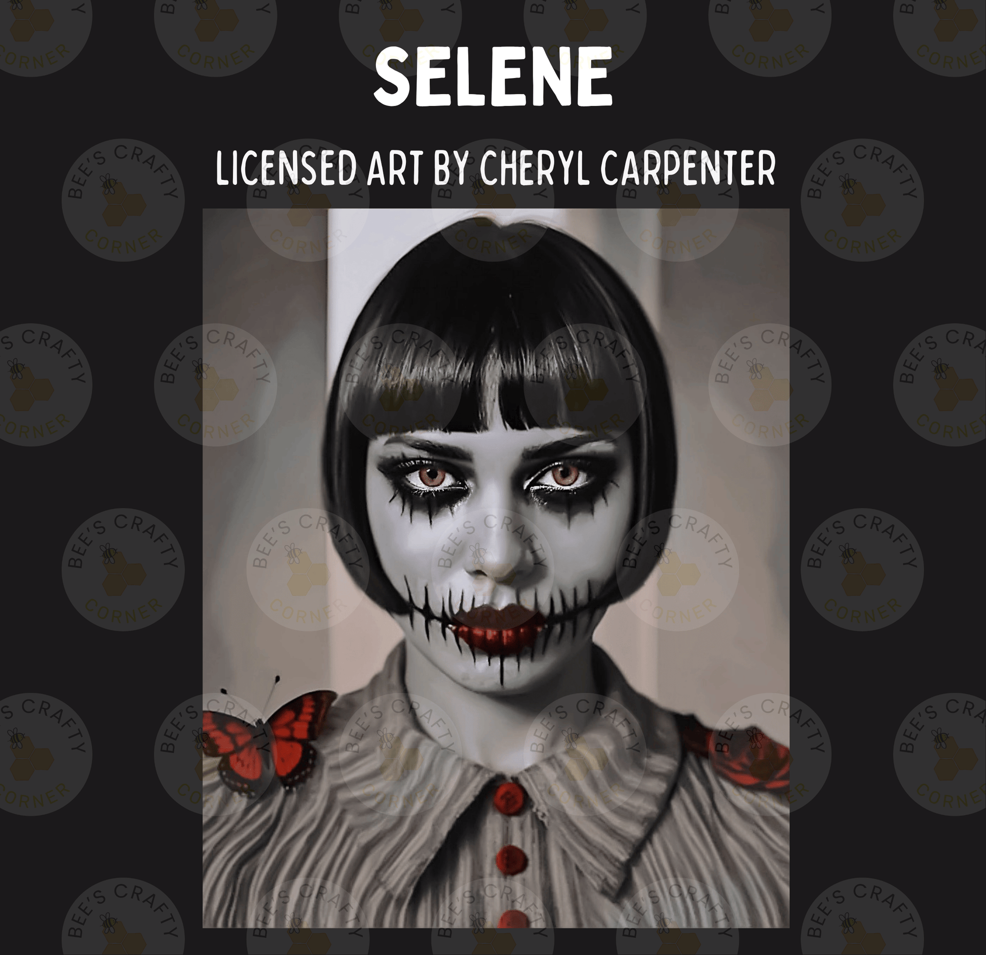 The image is a close-up portrait of a person with dramatic makeup and a spooky appearance, featuring a butterfly on their shoulder.
