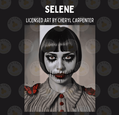 The image is a close-up portrait of a person with dramatic makeup and a spooky appearance, featuring a butterfly on their shoulder.