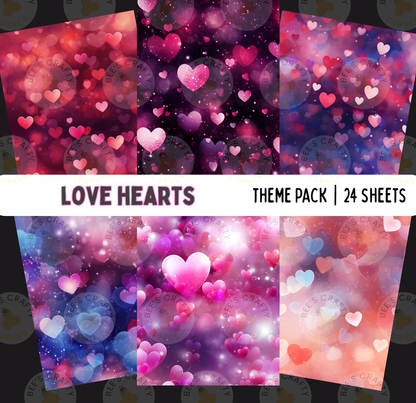 a collection of 24 sheets featuring various colorful and abstract heart designs, including a mix of pink, purple, and blue hues, as well as a variety of shapes and sizes of hearts. The sheets appear to be part of a theme pack, showcasing different artistic interpretations of the heart motif.