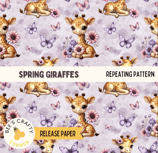 The image is a repeating pattern of spring giraffes and butterflies on a purple background.
