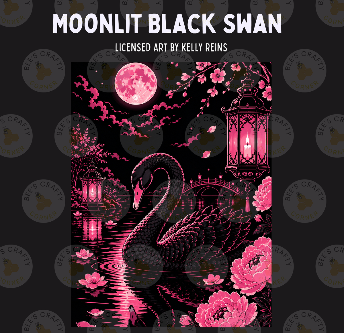 The image is a digital illustration featuring a black swan swimming in a pond at night, with a full moon and pink flowers in the background.