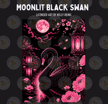 The image is a digital illustration featuring a black swan swimming in a pond at night, with a full moon and pink flowers in the background.