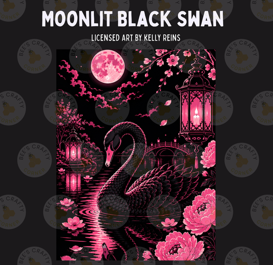 The image is a digital illustration featuring a black swan swimming in a pond at night, with a full moon and pink flowers in the background.