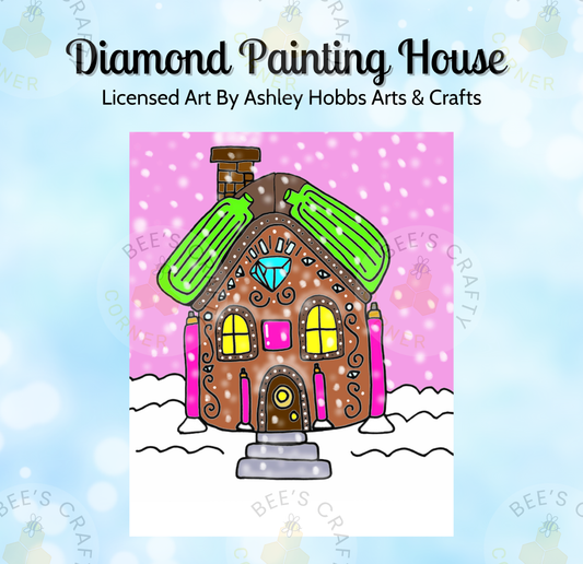 The image is a colorful illustration of a whimsical house with a diamond-shaped roof, surrounded by snow and featuring a green roof and pink walls.