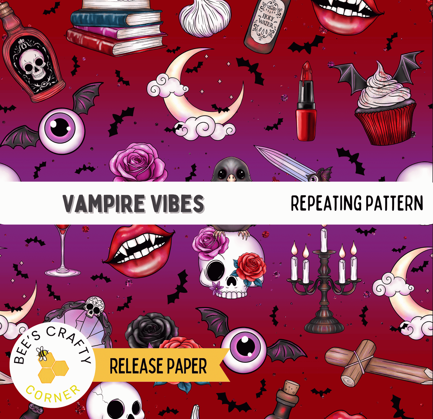 The image is a repeating pattern of various Halloween-themed items, including bats, skulls, roses, candles, and a skull with a rose on it. The pattern is set against a red background with a crescent moon and stars.