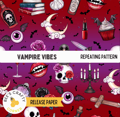 The image is a repeating pattern of various Halloween-themed items, including bats, skulls, roses, candles, and a skull with a rose on it. The pattern is set against a red background with a crescent moon and stars.