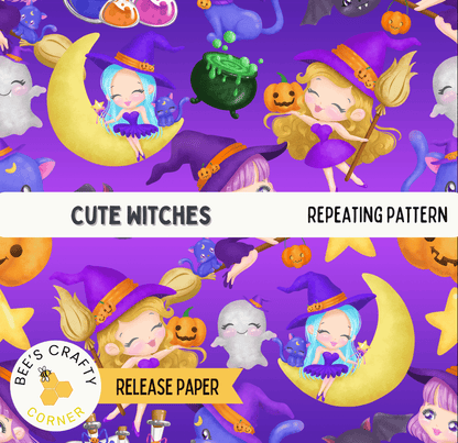 The image is a repeating pattern featuring various cartoon-style characters, including girls, cats, pumpkins, and bats, all dressed in witch costumes. The overall color scheme is predominantly purple and orange, with some yellow accents. The pattern appears to be a collection of individual images that have been arranged in a repeating pattern.