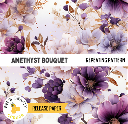 The image is a repeating pattern of purple and white flowers, with the text "AMETHYST BOUQUET" and "REPEATING PATTERN" visible.