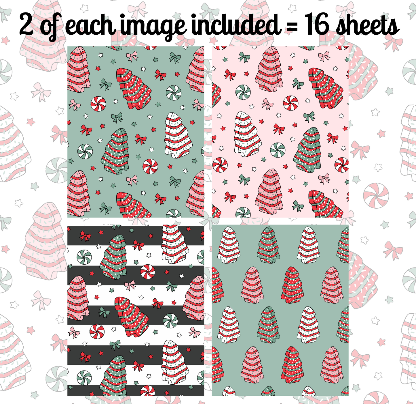 a collage of four different Christmas-themed patterns, each with a unique design featuring Christmas trees, candy canes, and other festive elements.