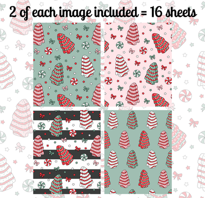 a collage of four different Christmas-themed patterns, each with a unique design featuring Christmas trees, candy canes, and other festive elements.