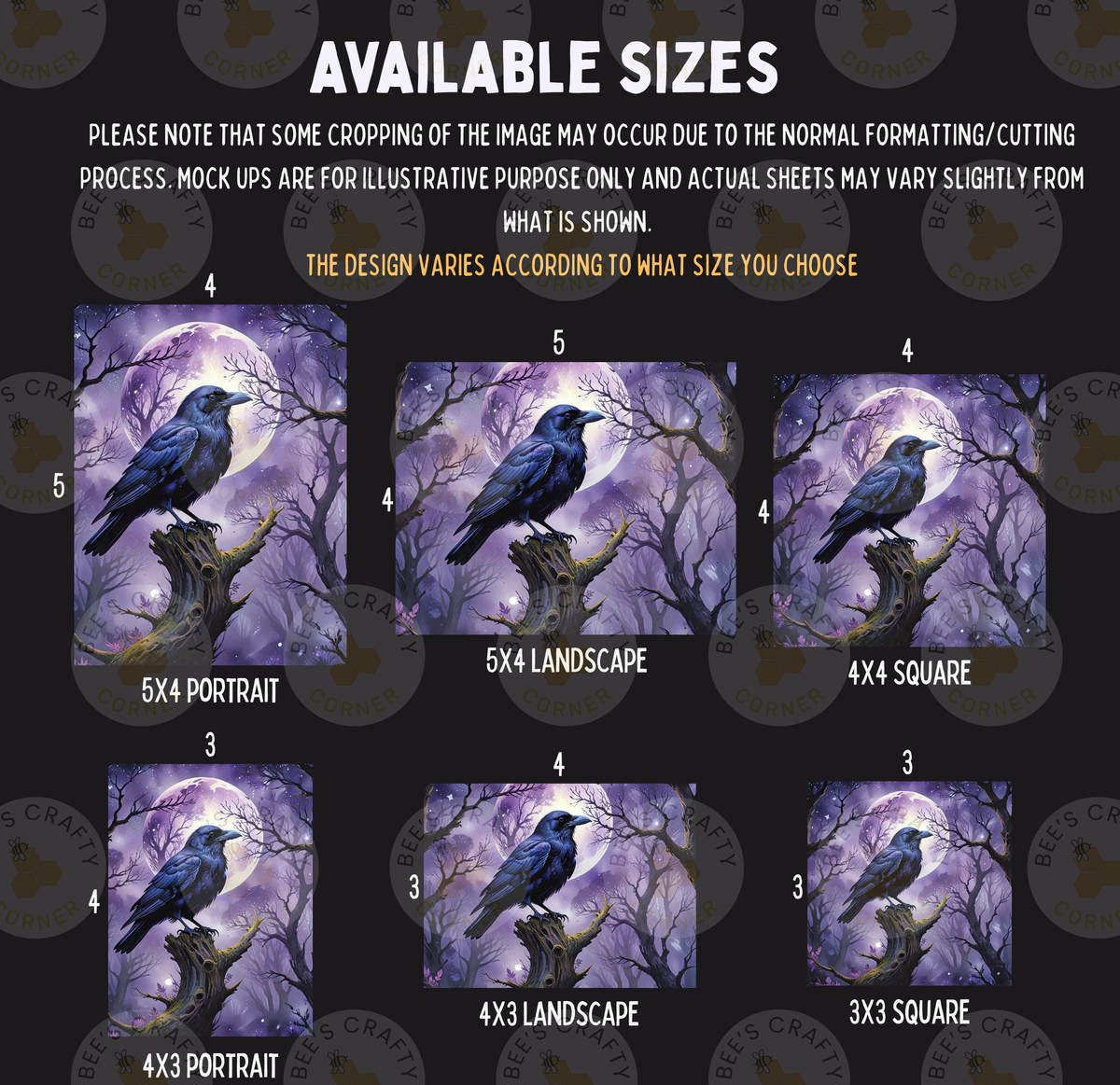 six different sizes of a painting depicting a black bird perched on a tree branch, with a full moon in the background.