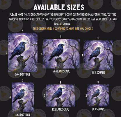 six different sizes of a painting depicting a black bird perched on a tree branch, with a full moon in the background.