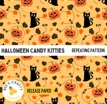The image is a repeating pattern of Halloween-themed elements, including black cats, pumpkins, candy canes, and leaves.