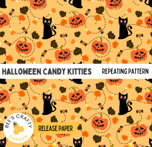 The image is a repeating pattern of Halloween-themed elements, including black cats, pumpkins, candy canes, and leaves.