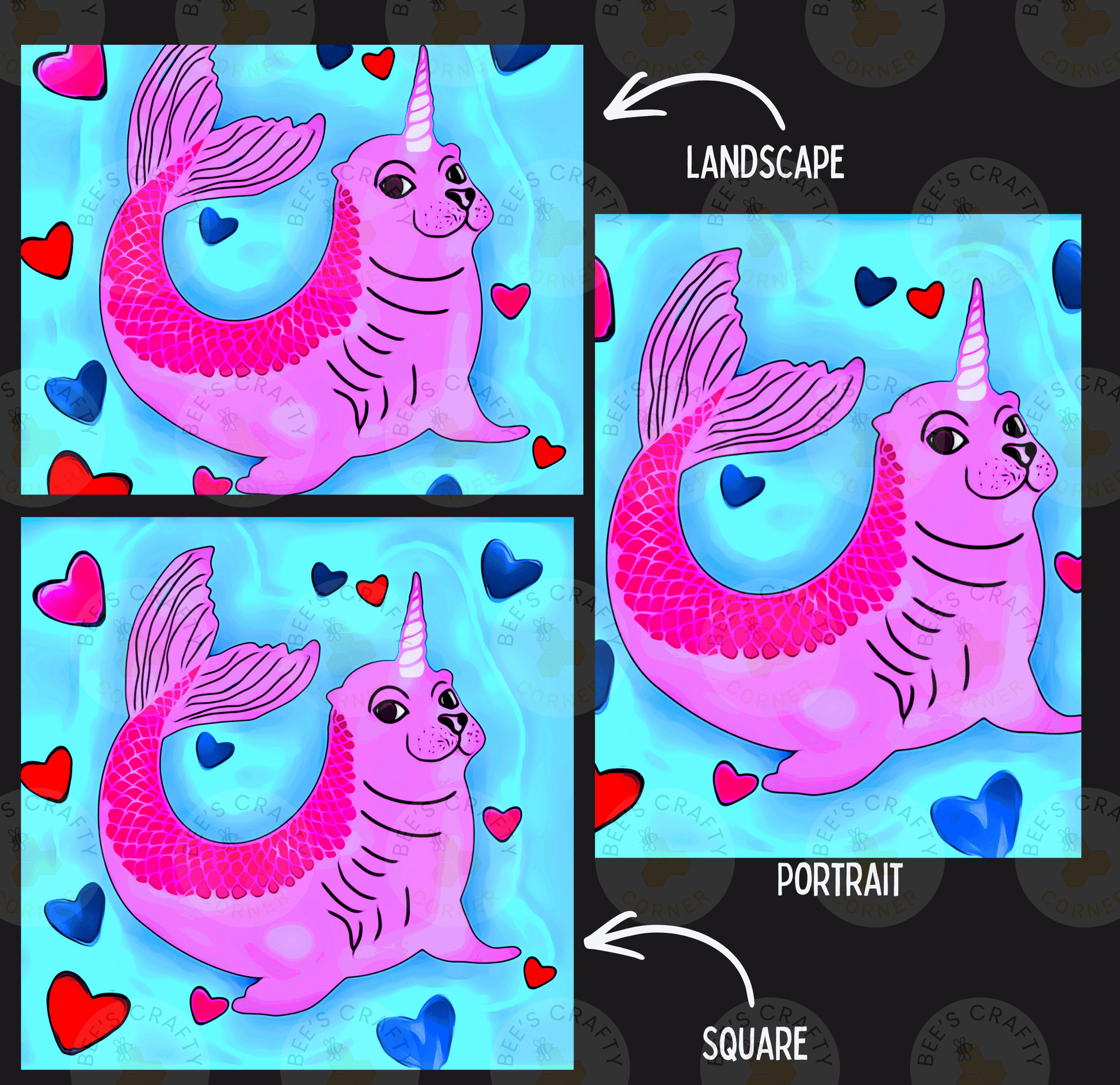The image is a collage of three pictures depicting a pink unicorn-like creature with a unicorn horn, surrounded by hearts and hearts in various colors.