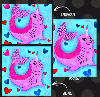 The image is a collage of three pictures depicting a pink unicorn-like creature with a unicorn horn, surrounded by hearts and hearts in various colors.