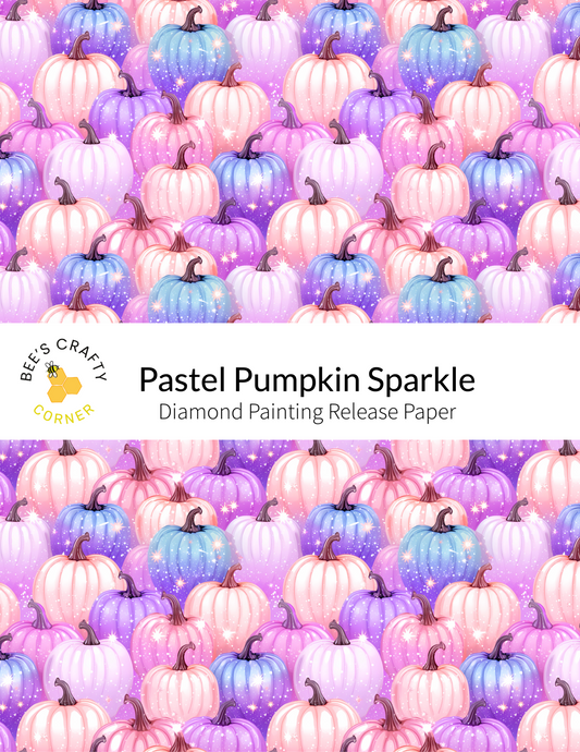 The image is a repeating pattern of pastel-colored pumpkins with sparkles, creating a visually appealing and festive design.