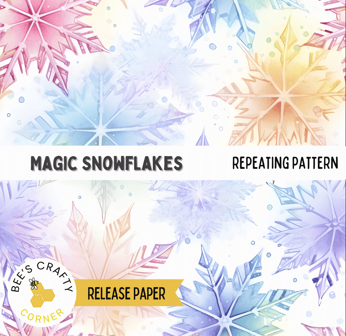 The image is a collage of various colorful snowflakes, featuring a repeating pattern of different shapes and sizes.