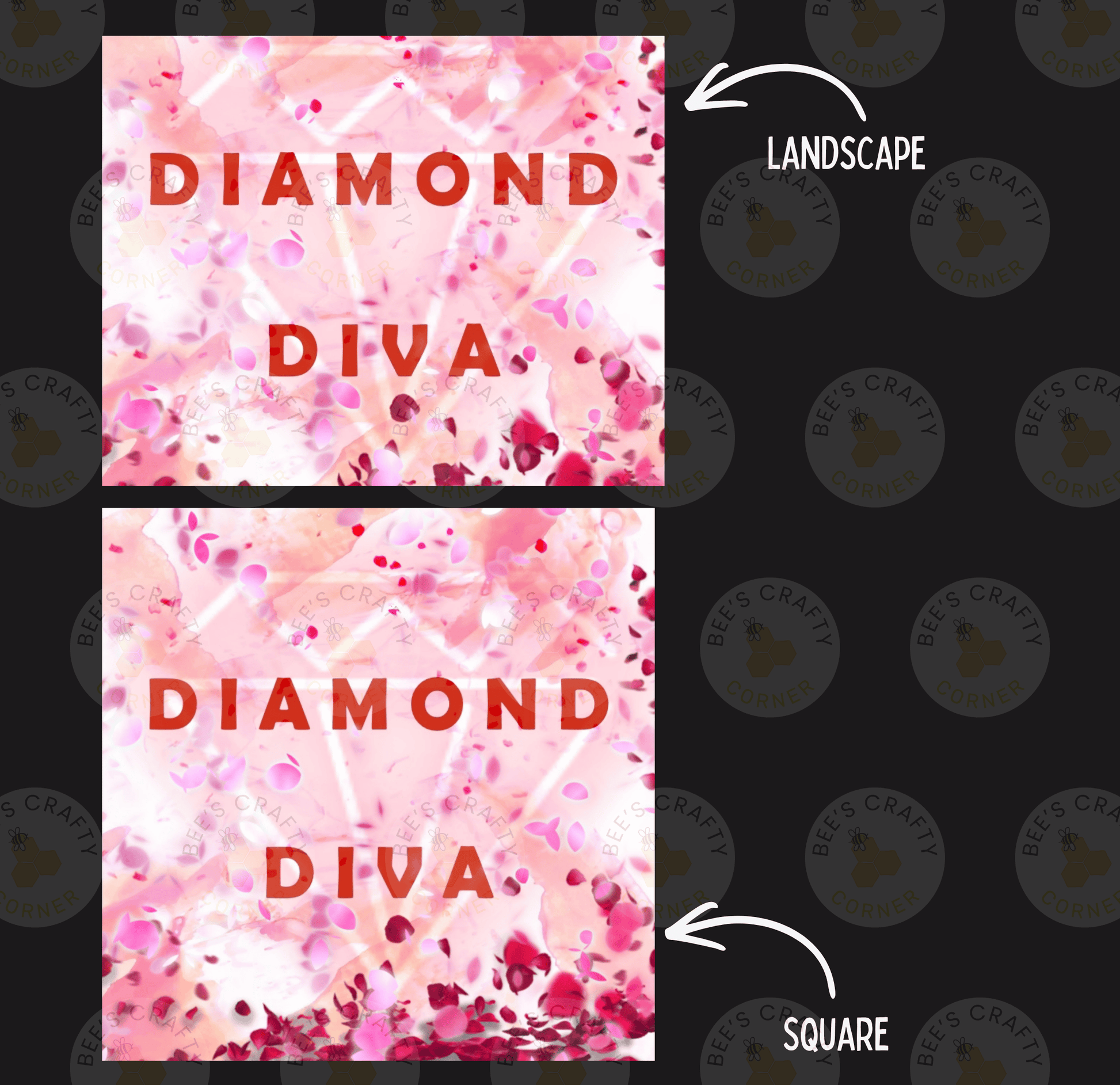 two square images with the same pink and white color scheme, featuring the word "DIAMOND" prominently displayed. The text "DIAMOND DIVA" is also visible in the image.