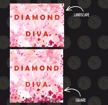 two square images with the same pink and white color scheme, featuring the word "DIAMOND" prominently displayed. The text "DIAMOND DIVA" is also visible in the image.