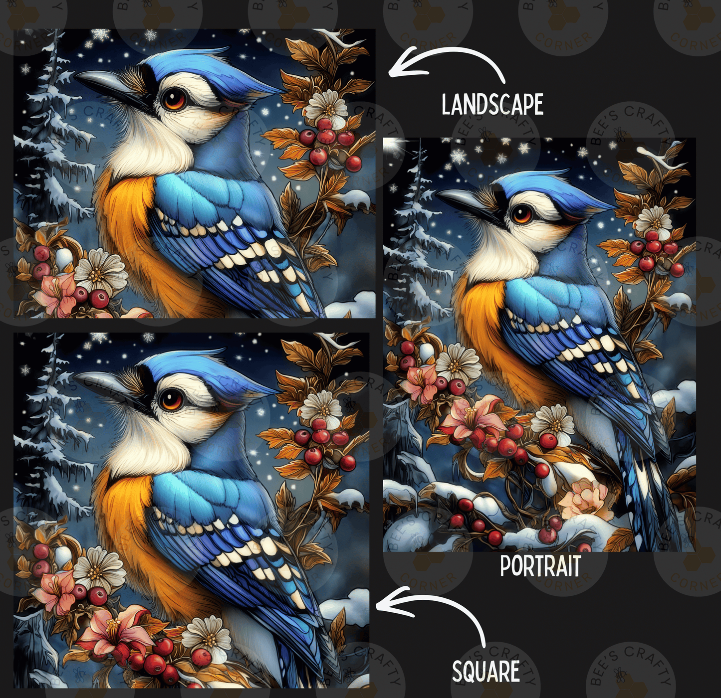 The image is a collage of three pictures depicting a blue bird surrounded by flowers and berries. The bird is shown in different artistic styles, including landscape and portrait.