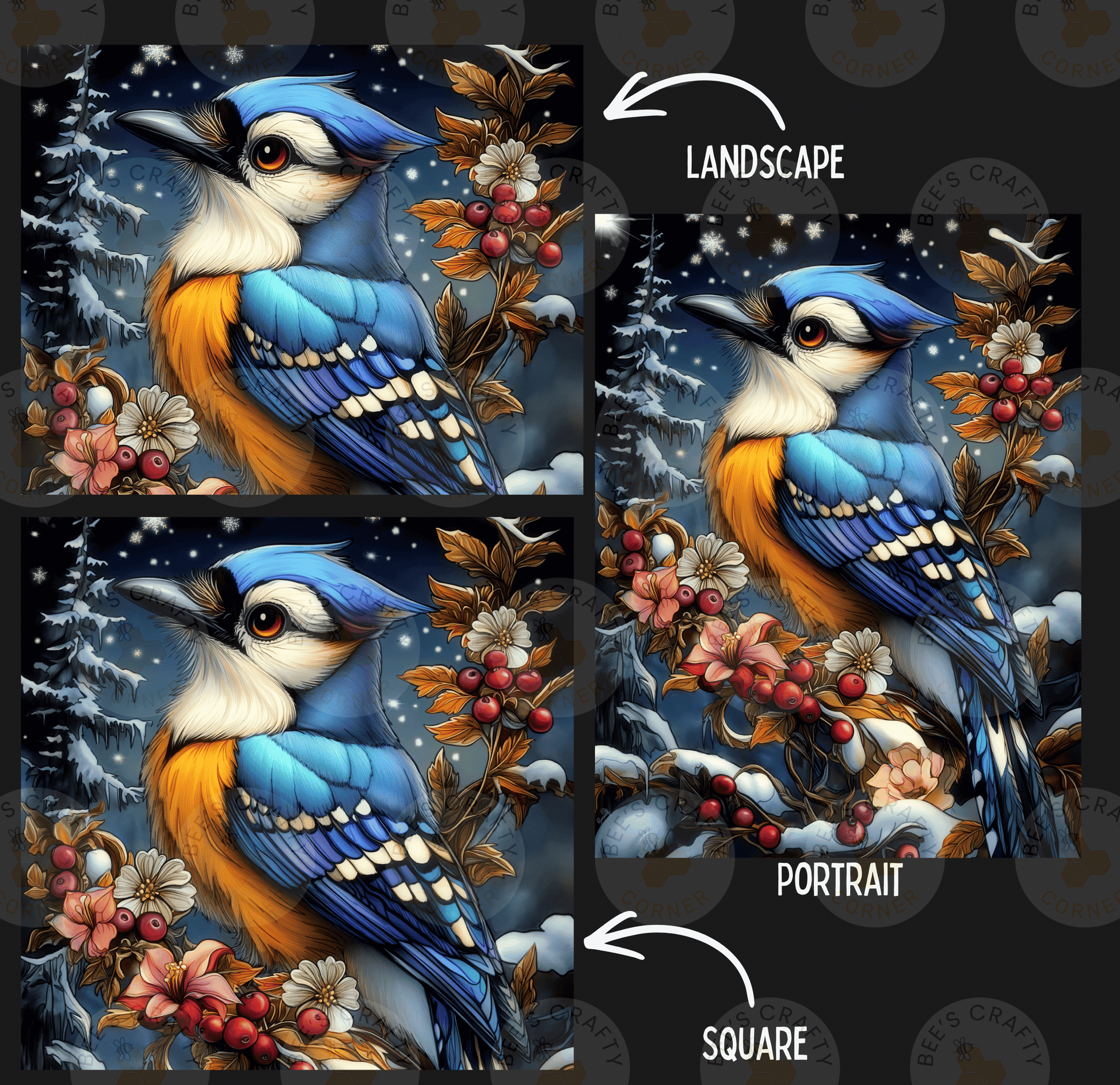The image is a collage of three pictures depicting a blue bird surrounded by flowers and berries. The bird is shown in different artistic styles, including landscape and portrait.