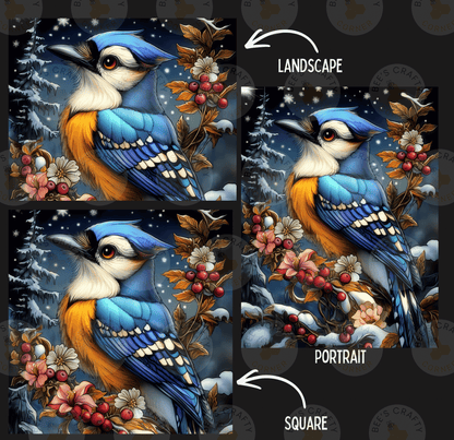 The image is a collage of three pictures depicting a blue bird surrounded by flowers and berries. The bird is shown in different artistic styles, including landscape and portrait.