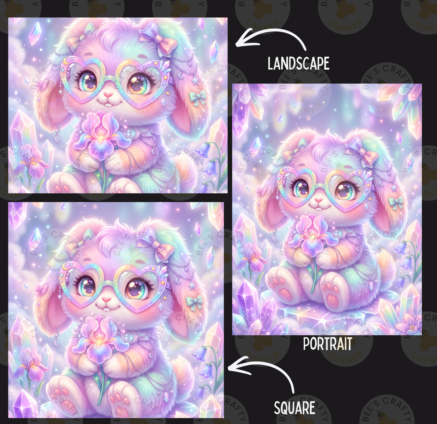 The image is a collage of three pictures depicting a cute, colorful rabbit wearing glasses and holding a flower. The rabbit is surrounded by a whimsical, fantastical landscape with flowers, crystals, and other fantastical elements. The images are labeled as "Landscape" and "Portrait" and are described as "LESS THAN 500 characters" and " SQUARE".