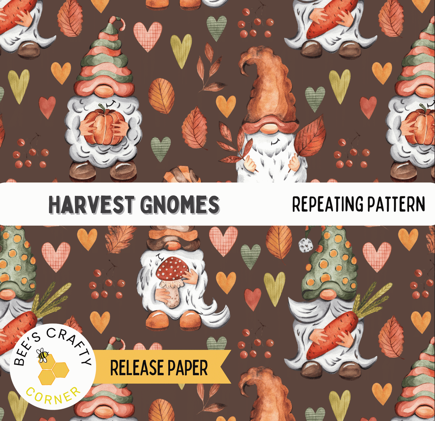 The image is a repeating pattern of various gnomes, including Harvest gnomes, against a dark brown background. The gnomes are depicted in different poses and are surrounded by autumn-themed elements such as leaves, pumpkins, and carrots. The pattern is designed to resemble a harvest or autumn scene, with the gnomes and elements arranged in a visually appealing and cohesive manner.