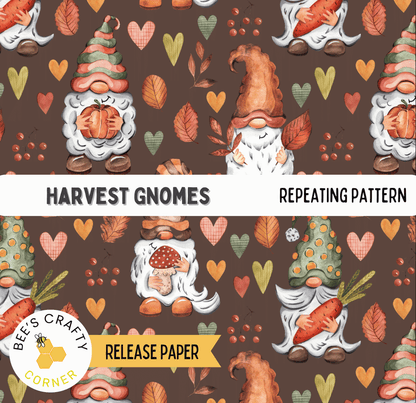 The image is a repeating pattern of various gnomes, including Harvest gnomes, against a dark brown background. The gnomes are depicted in different poses and are surrounded by autumn-themed elements such as leaves, pumpkins, and carrots. The pattern is designed to resemble a harvest or autumn scene, with the gnomes and elements arranged in a visually appealing and cohesive manner.