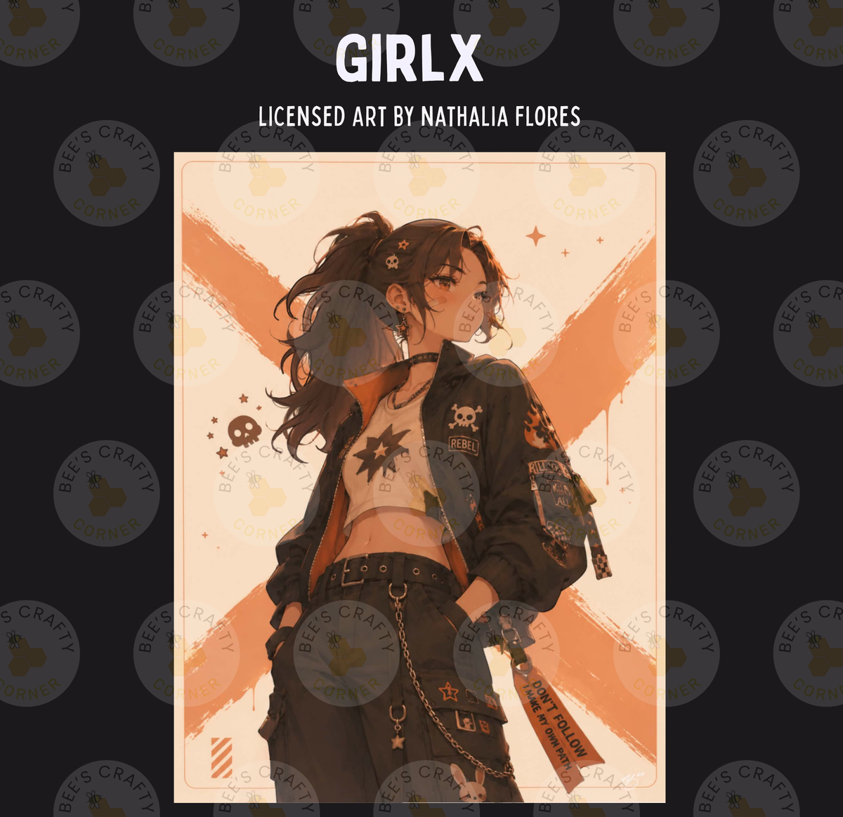 The image is a digital illustration featuring a young woman with long hair and a distinctive style, wearing a black jacket with various patches and accessories.