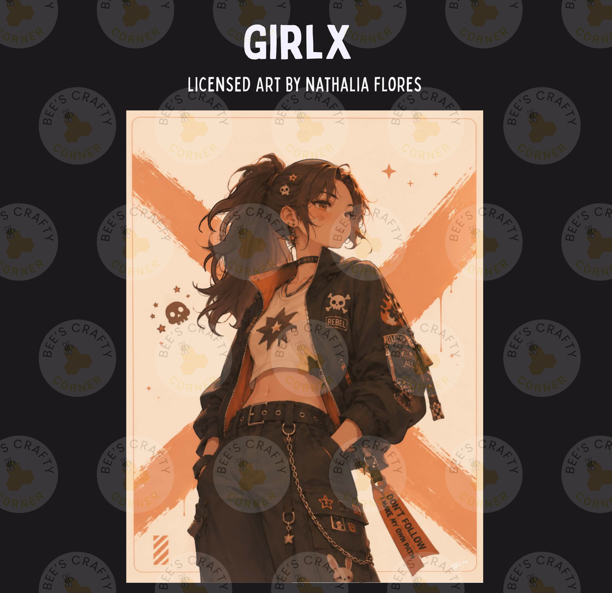 The image is a digital illustration featuring a young woman with long hair and a distinctive style, wearing a black jacket with various patches and accessories.