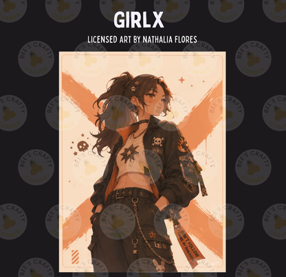The image is a digital illustration featuring a young woman with long hair and a distinctive style, wearing a black jacket with various patches and accessories.