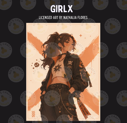 The image is a digital illustration featuring a young woman with long hair and a distinctive style, wearing a black jacket with various patches and accessories.