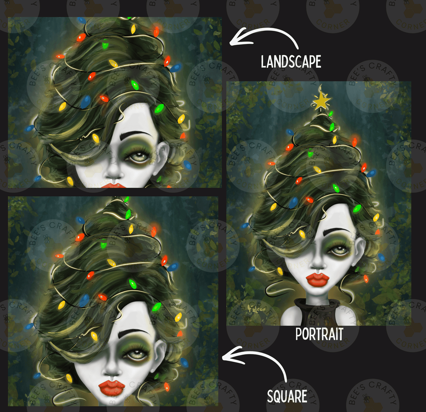 The image is a collage of three images depicting a woman's face with a Christmas tree-like hairstyle, each with different lighting effects. The first image shows the woman's face with a green and red light effect, the second image has a red and green light effect, and the third image has a green and yellow light effect. The third image also has a square shape.