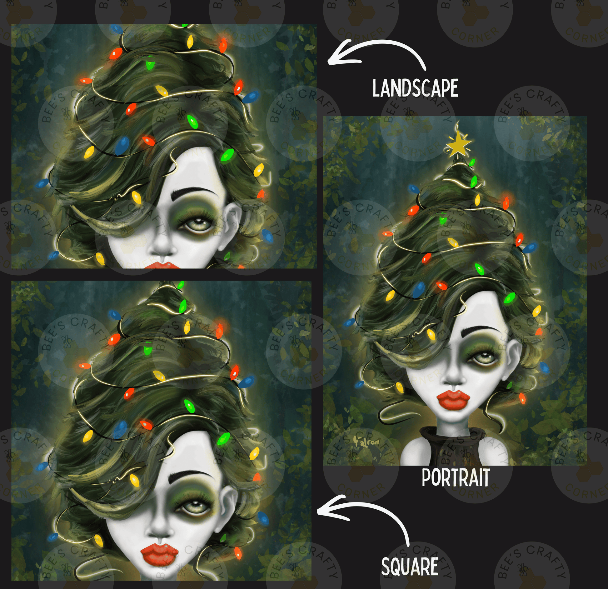 The image is a collage of three images depicting a woman's face with a Christmas tree-like hairstyle, each with different lighting effects. The first image shows the woman's face with a green and red light effect, the second image has a red and green light effect, and the third image has a green and yellow light effect. The third image also has a square shape.