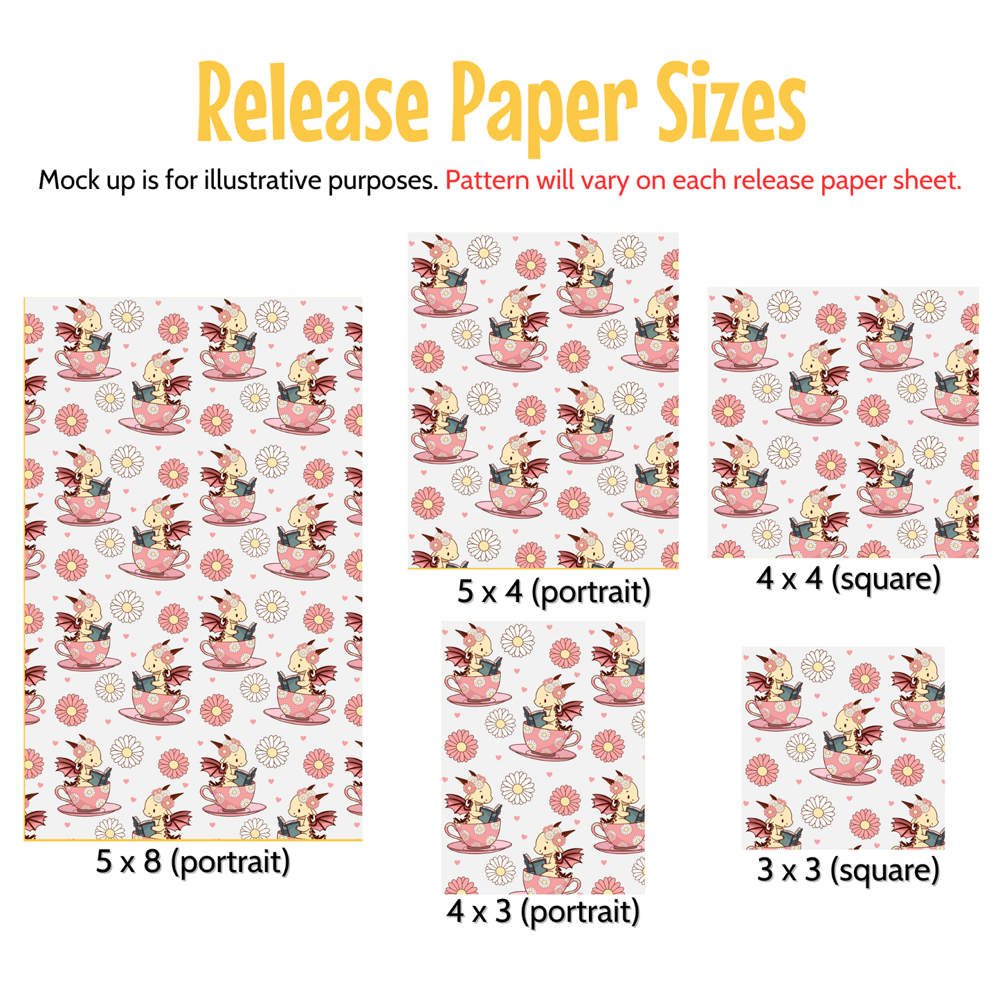 various paper sizes, including 5 x (portrait) and 3 x (square) sizes, along with corresponding patterns. The patterns are designed to be used as mock-ups for illustrative purposes, and the release paper sizes will vary on each sheet.