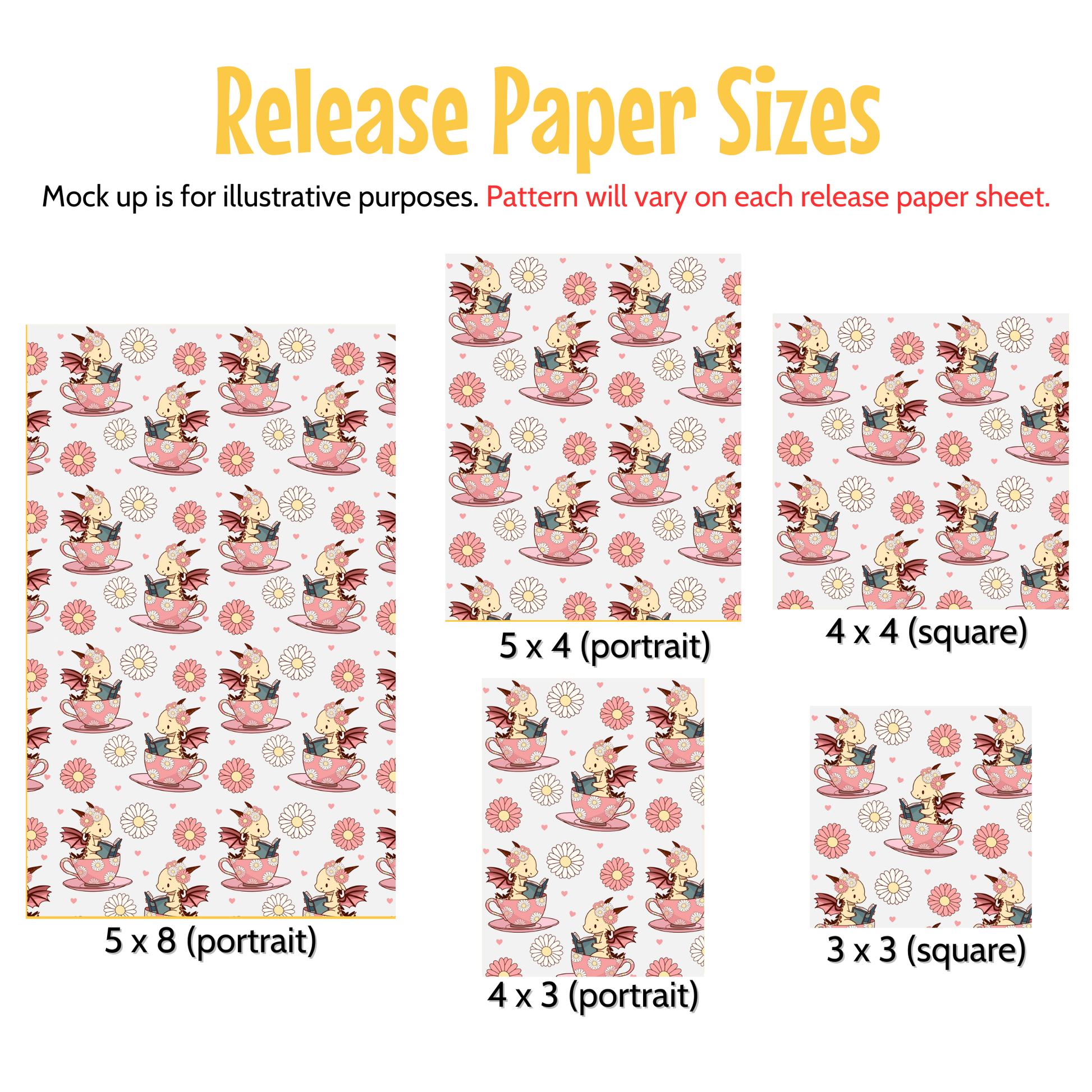 various paper sizes, including 5 x (portrait) and 3 x (square) sizes, along with corresponding patterns. The patterns are designed to be used as mock-ups for illustrative purposes, and the release paper sizes will vary on each sheet.