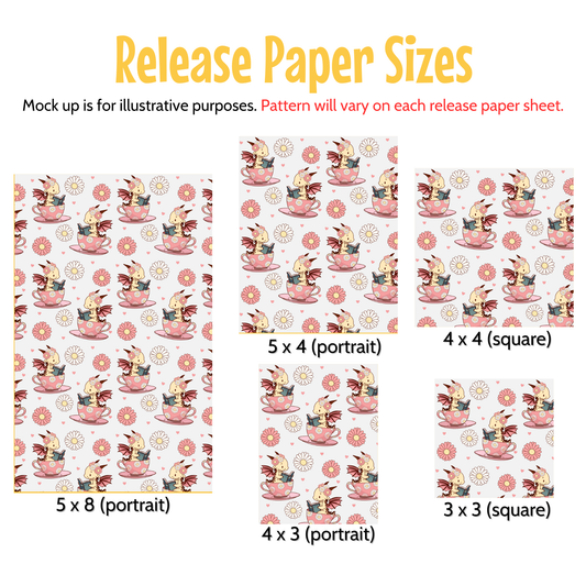 various paper sizes, including 5 x (portrait) and 3 x (square) sizes, along with corresponding patterns. The patterns are designed to be used as mock-ups for illustrative purposes, and the release paper sizes will vary on each sheet.