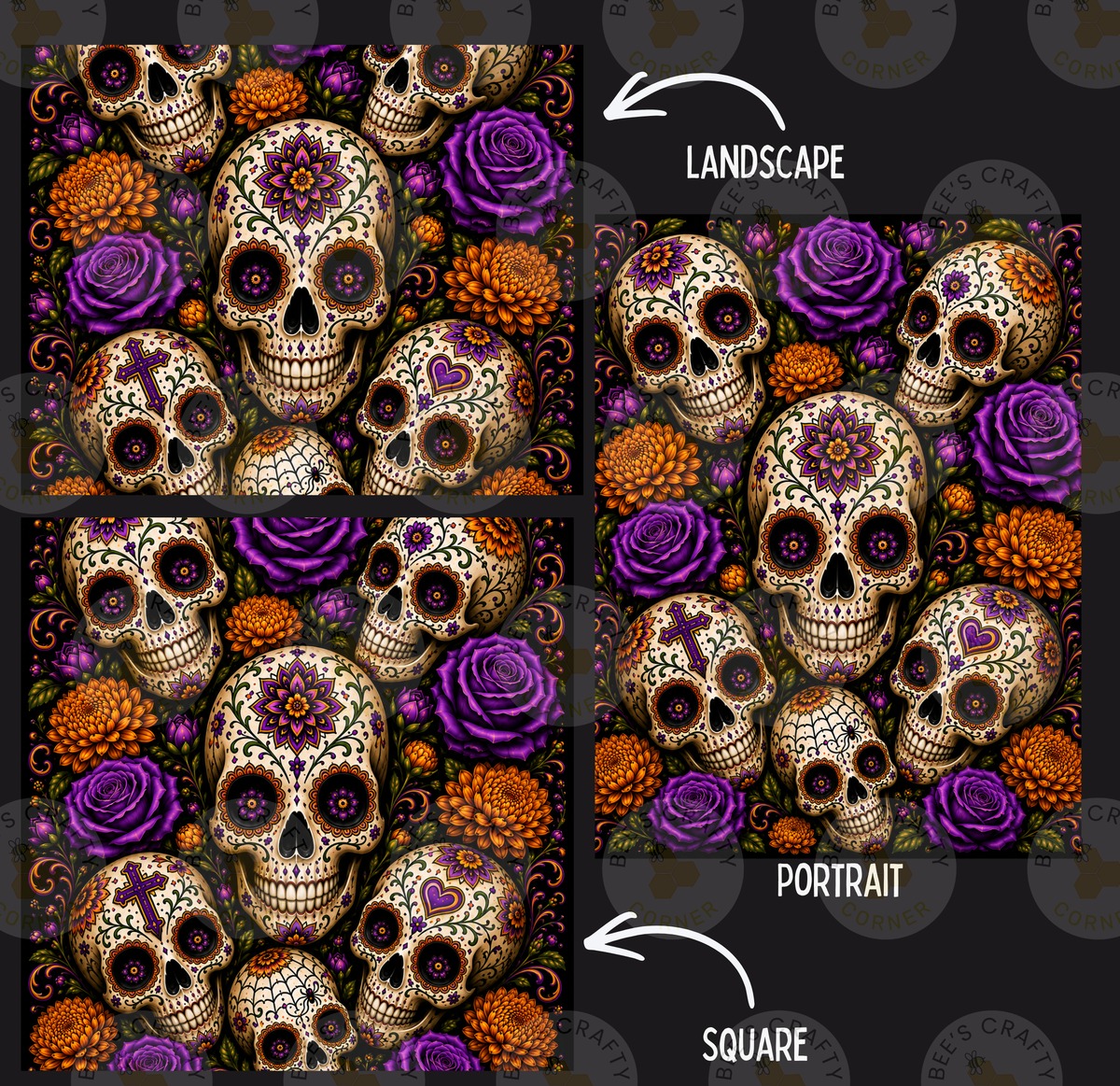 a repeating pattern of sugar skulls surrounded by purple and orange flowers. The pattern is divided into two sections, with one section labeled "LANDSCAPE" and the other "PORTRAIT".