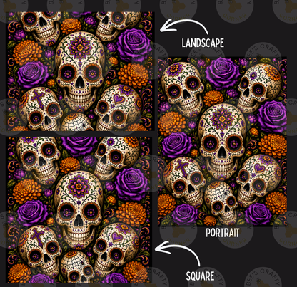 a repeating pattern of sugar skulls surrounded by purple and orange flowers. The pattern is divided into two sections, with one section labeled "LANDSCAPE" and the other "PORTRAIT".