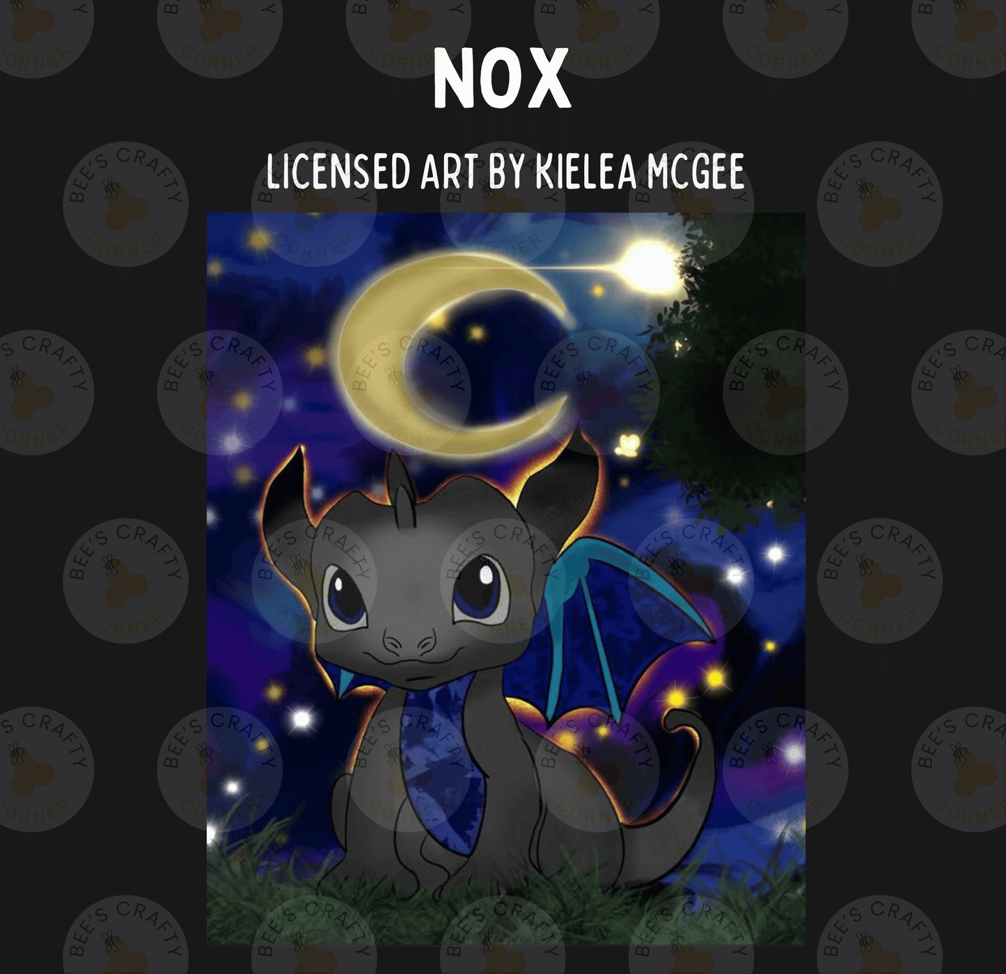 The image is a digital illustration featuring a cute, cartoon-like dragon-like creature with large eyes and a small body, set against a night sky with a crescent moon and stars.