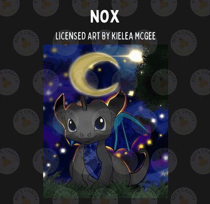 The image is a digital illustration featuring a cute, cartoon-like dragon-like creature with large eyes and a small body, set against a night sky with a crescent moon and stars.