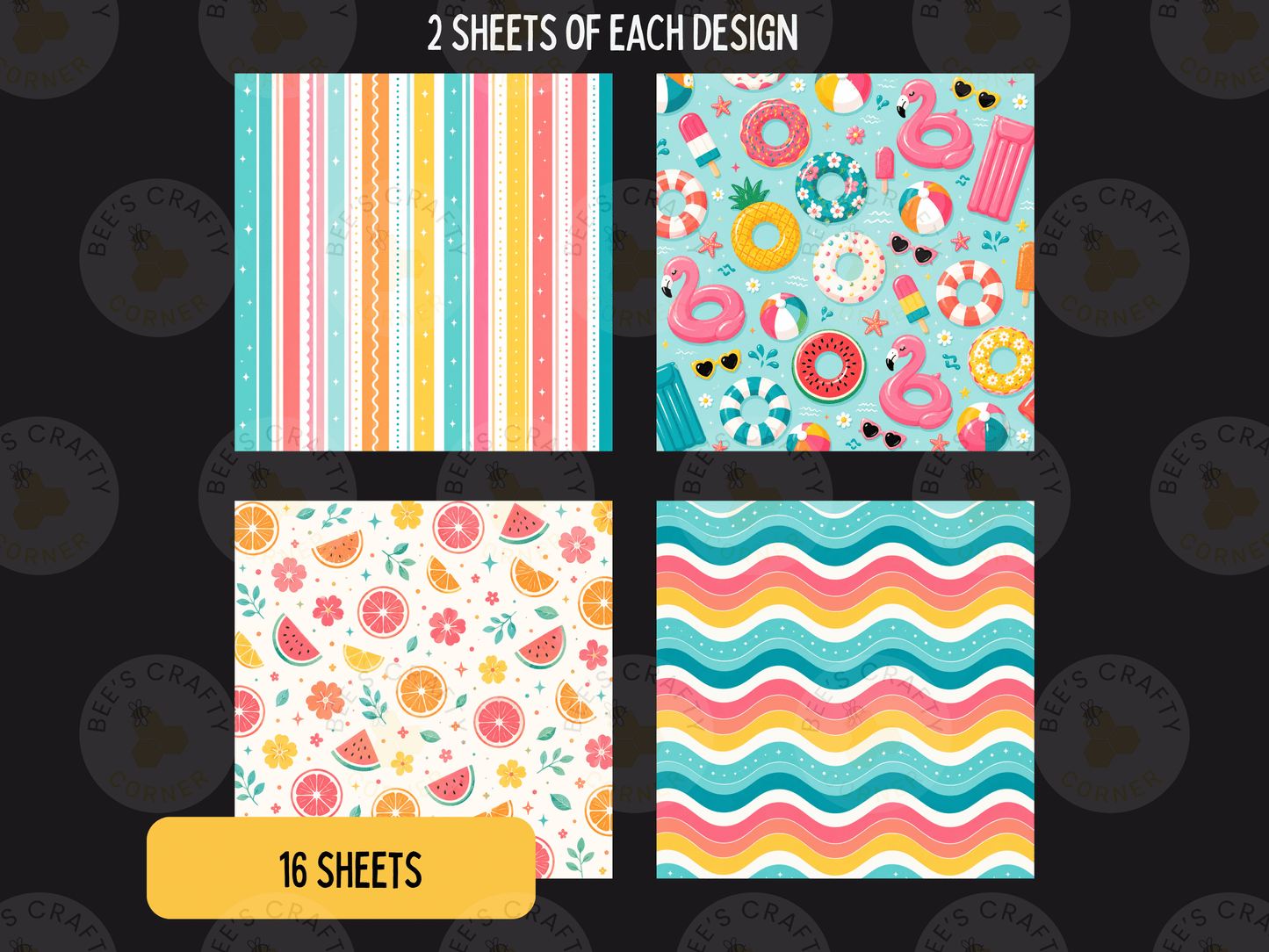 four different designs, each with a unique pattern and color scheme. The designs include stripes, a beach scene with a flamingo, a wavy pattern, and a watermelon and orange design. The image also includes a label that says "16 SHEETS" and a logo that reads "bee's craft".