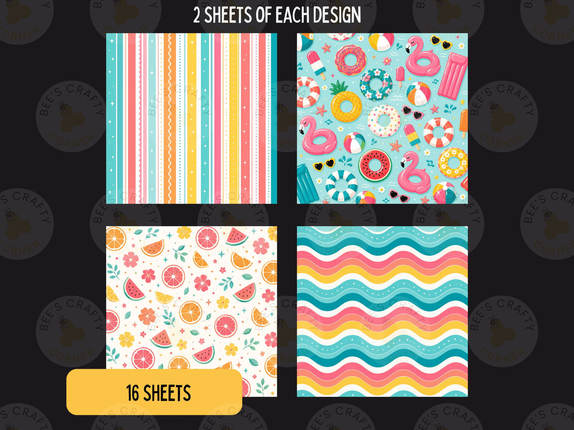 four different designs, each with a unique pattern and color scheme. The designs include stripes, a beach scene with a flamingo, a wavy pattern, and a watermelon and orange design. The image also includes a label that says "16 SHEETS" and a logo that reads "bee's craft".