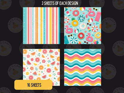 four different designs, each with a unique pattern and color scheme. The designs include stripes, a beach scene with a flamingo, a wavy pattern, and a watermelon and orange design. The image also includes a label that says "16 SHEETS" and a logo that reads "bee's craft".