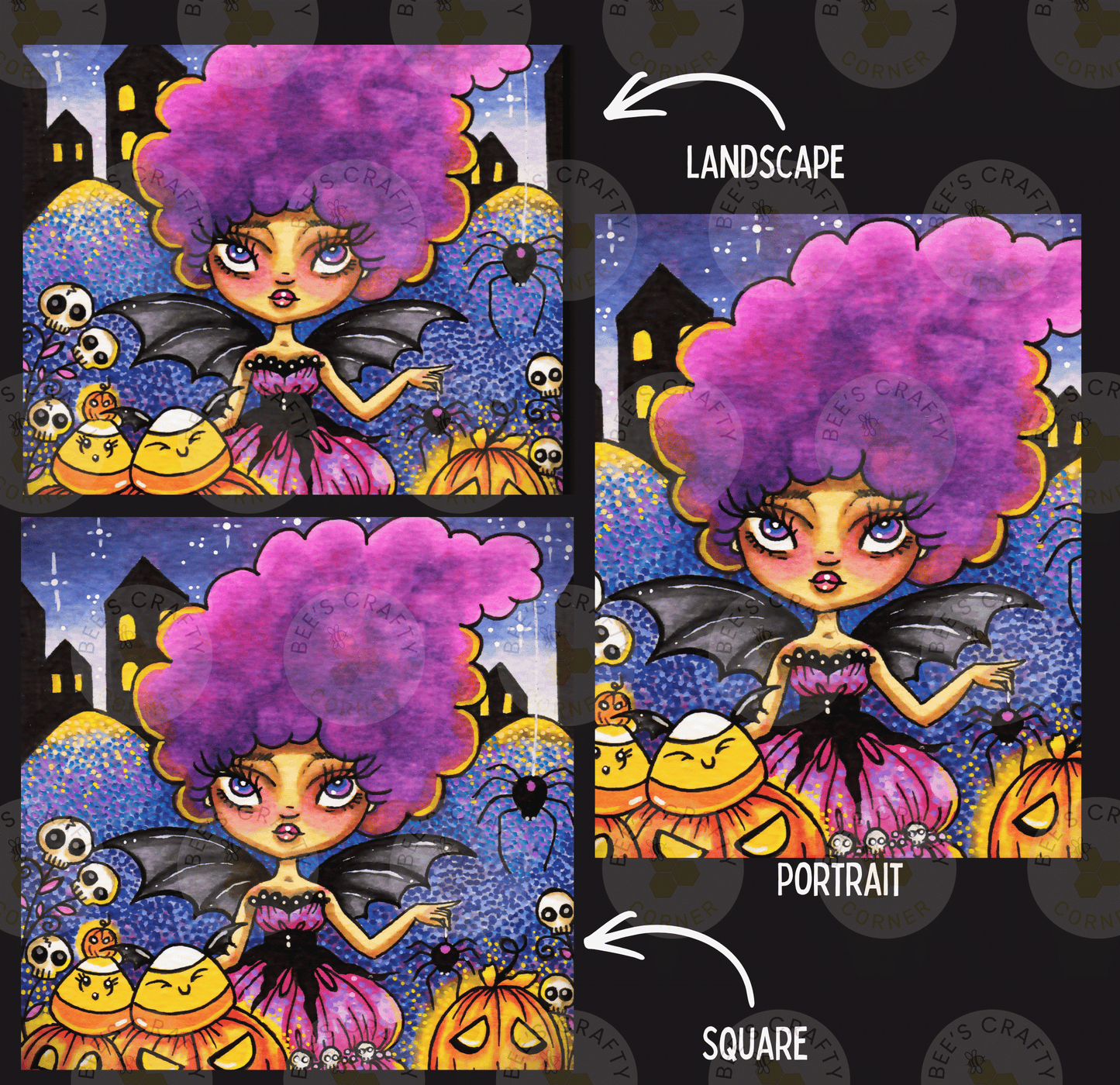 The image is a collage of three images depicting a young girl with purple hair and a bat-like costume, surrounded by Halloween-themed elements such as pumpkins, bats, and skulls.