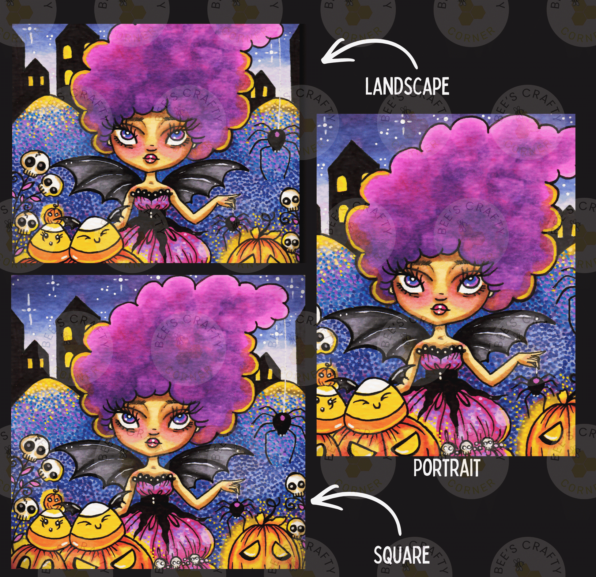The image is a collage of three images depicting a young girl with purple hair and a bat-like costume, surrounded by Halloween-themed elements such as pumpkins, bats, and skulls.
